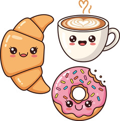 Adorable cartoon breakfast treats: croissant, latte, and frosted donut