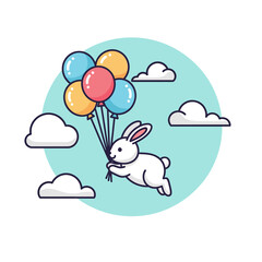 Adorable bunny soaring through clouds holding colorful balloons aloft