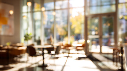 Warm sunlit cafe interior with tables and chairs windows