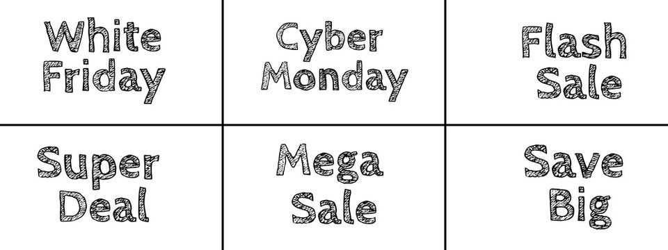 Hand-Drawn Sales Event Text Collection - White Friday, Cyber Monday, Mega Sale Vector Art
