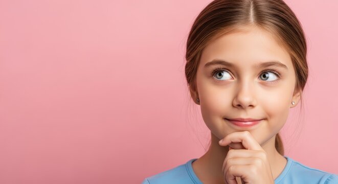 Thoughtful young girl against a pink background - contemplation and daydreaming - Powered by Adobe