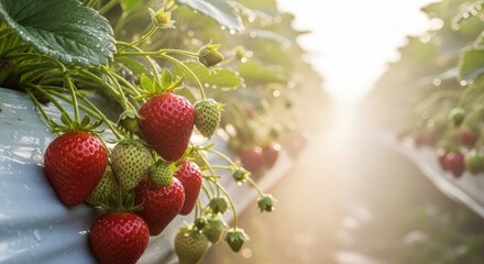 Close-up of ripe strawberries growing in a greenhouse, sunlight streaming through.