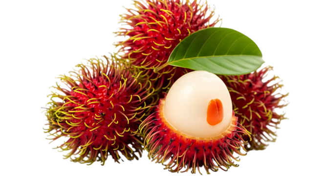 Fresh rambutan fruit with a green leaf isolated on transparent background