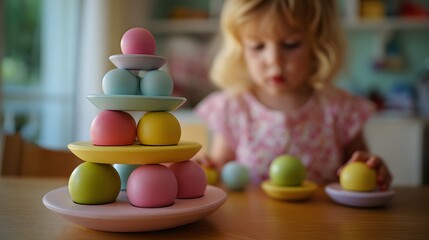 Interactive family play session with bright pastel stacking toys