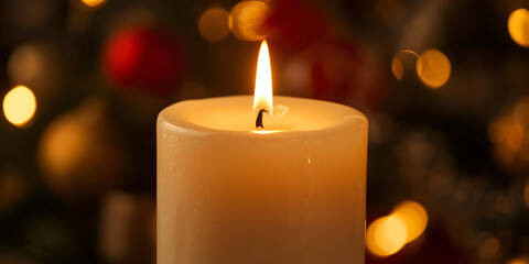 Lit white candle glowing warmly against blurred festive lights and ornaments evokes cozy peaceful holiday
