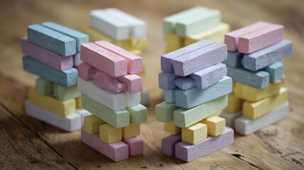 Sibling teamwork building complex pastel stacking structure