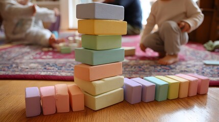 Indoor weekend moment with kids stacking pastel blocks with joy