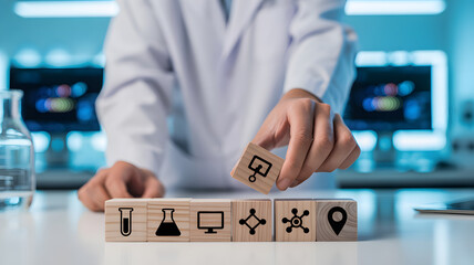 Innovative research concept shown with scientist building with wooden blocks, symbolizing collaboration and scientific advancement in a modern lab