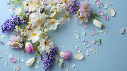 White and pink flowers with purple hyacinths and scattered petals floral spring