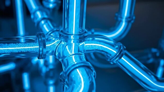 Abstract illustration of metallic pipes and junctions with glowing blue light