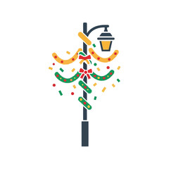 Festive street lamp decorated with garlands, ribbons, and confetti Vector, illustration