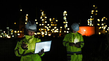 Petrochemical engineers in PPE conduct a night inspection at a refinery. They use a laptop and...