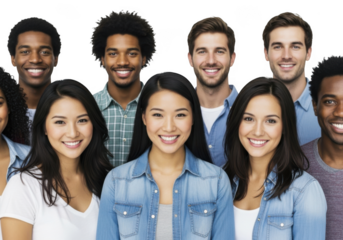 Diverse group of smiling people of various ages and ethnicities posing together transparent background