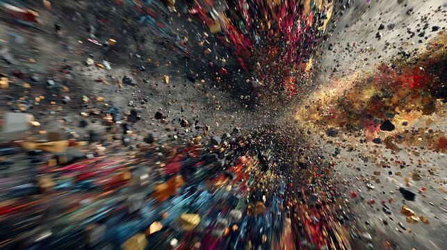 Colorful abstract explosion of particles in motion, creating a dynamic and vibrant background