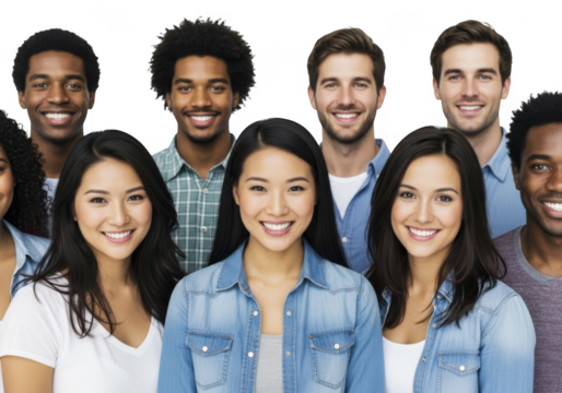 Diverse group of smiling people of various ages and ethnicities posing together transparent background