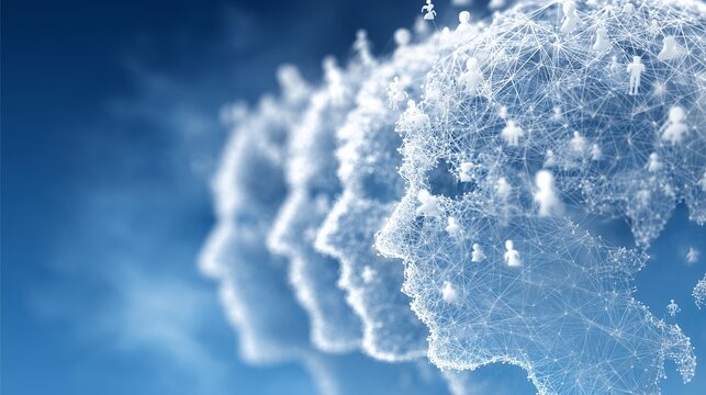 A collection of human silhouettes forms a network of interconnected faces, symbolizing communication and connectivity. This display illustrates the fusion of technology and identit