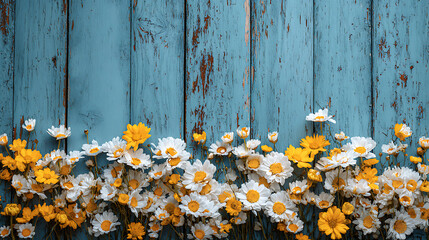 White and yellow daisies against weathered blue wood white flowers yellow flowers