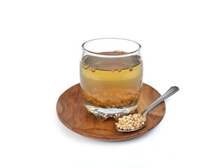Coriander boiled water in glass on white background. Healthy drink lifestyle 