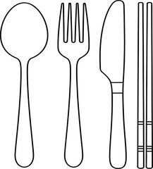 Outline of Spoon Fork Knife and Chopsticks on White Background Keywords: spoon, fork, knife, chopsticks