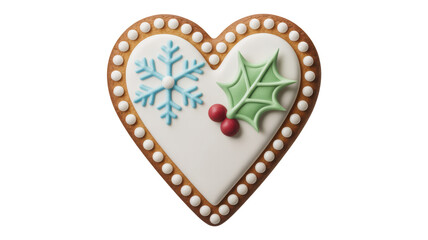 Festive heart shaped gingerbread cookie decorated with a blue snowflake and green holly with red berries isolated on transparent background
