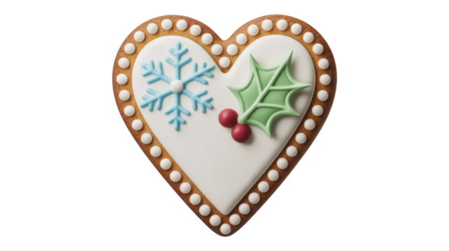 Festive heart shaped gingerbread cookie decorated with a blue snowflake and green holly with red berries isolated on transparent background