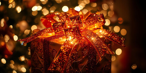 Sparkling gift box with shimmering red bow illuminated by warm golden lights festive magical ambiance