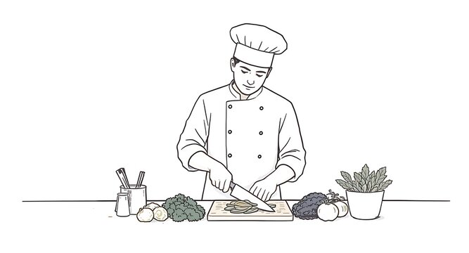 Professional Chef Chopping Fresh Vegetables on Cutting Board, Culinary Expert Preparing Healthy Meal in Kitchen, Outline Line Art Illustration of F... - Powered by Adobe