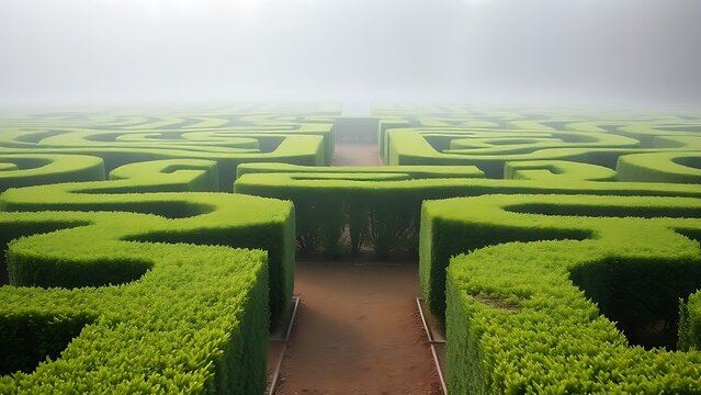 privet. Manicured privet hedge maze in a formal garden enveloped in morning mist. menu design, packaging mockups, designed for food delivery and cloud-kitchen brand materials, used by professors.