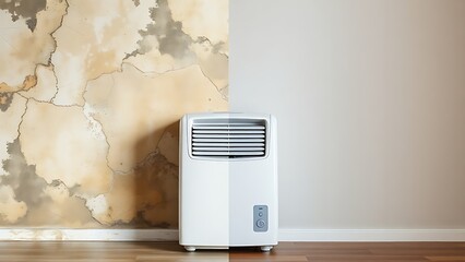 dehumidifier. A split composition of a dry wall and a moldy surface with a dehumidifier in the center. ESG reports, sustainability campaigns, designed for environmental awareness campaigns.