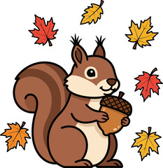 Cute cartoon squirrel with autumn leaves and acorn for fall projects