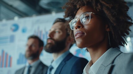 In a modern office environment, a man and a woman stand together with two other men, all focused on various charts and graphs displayed behind them. The group examines important da