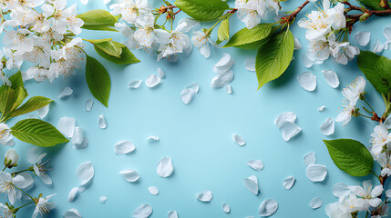 White cherry blossoms and green leaves on light blue background falling petals spring