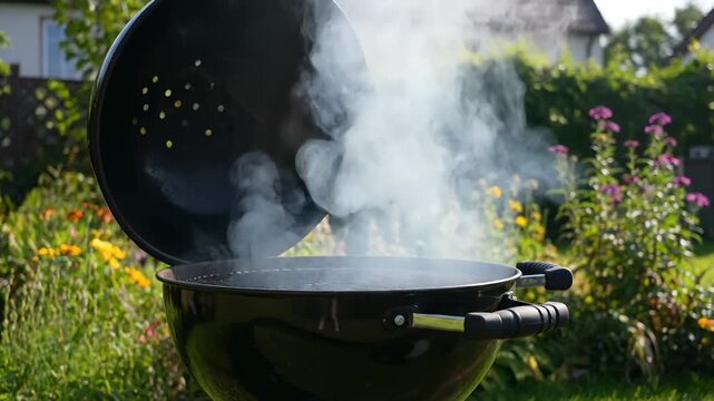Smoke Billows From Grill on Backyard Barbecue in Sunny Weather