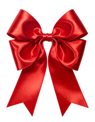 A vibrant red satin ribbon bow with elegant loops and flowing tails.