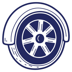 Obraz premium Stylized blue vector drawing of a wheel with a fender ideal for transport and vehicle design projects graphic element