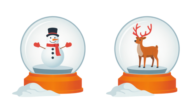 Two festive christmas snow globes one with a snowman and the other with a reindeer isolated on transparent background