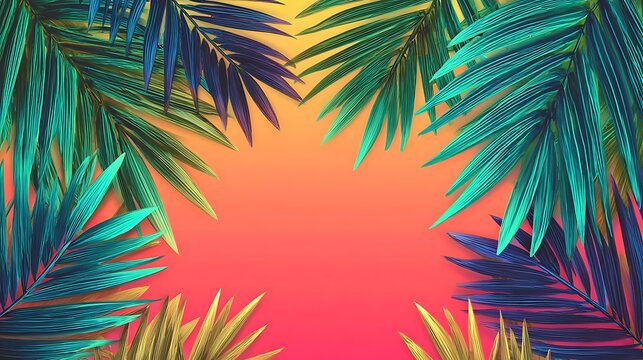 Colorful palm leaves frame a soft, pastel background