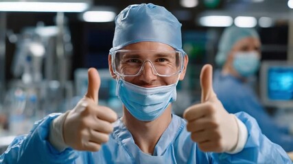 Optimistic Surgeon with Thumbs Up: A focused surgeon radiates confidence and positivity, offering a cheerful thumbs up while enveloped in the sterile environment of the operating room.