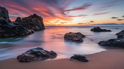 Obraz premium Maui Hawaii Sunset Cove Rocks Ocean Pink Orange Sky