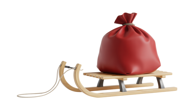 A festive red gift sack overflowing with presents rests on a classic wooden sled ready for winter holiday delivery isolated on transparent background