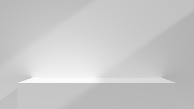 White table podium background with empty space and sunlight cozy summer display. white display for presentations and design. template room studio shot for cosmetics. white shelf table step wall