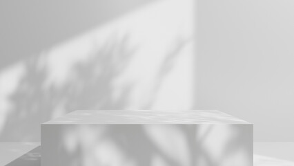 White table podium background with empty space and sunlight cozy summer display. white display for presentations and design. template room studio shot for cosmetics. white shelf table step wall