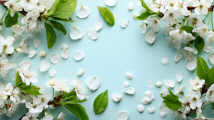 White cherry blossoms and green leaves scattered on pastel blue white petals pastel blue background