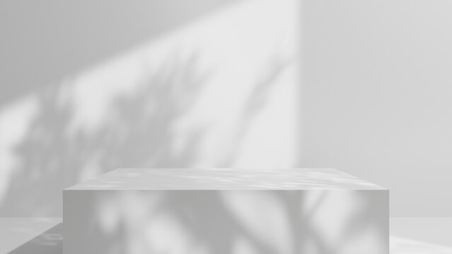 White table podium background with empty space and sunlight cozy summer display. white display for presentations and design. template room studio shot for cosmetics. white shelf table step wall