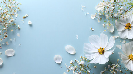 White cosmos flowers and delicate baby's breath scattered on pale blue white flowers petals