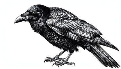 Fototapeta premium Raven's Profile: A detailed monochrome drawing of a raven in profile, captured with a blend of fine lines and shading, showing an intelligent gaze and the distinctive texture of its feathers.
