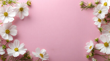 White cosmos flowers with yellow centers on pink background white flowers floral