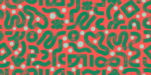 Seamless pattern naive doodle shapes in playful vector grunge style. Seamless dots, bold lines, circles, asterisks, wavy strokes, infinity signs. Fun abstract vector geometric elements. Brush style