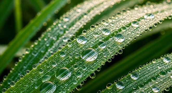 Fresh dew drops on grass blades glistening in the morning sunlight - Powered by Adobe