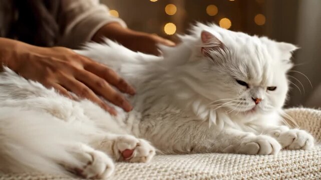 Person gently stroking fluffy white feline resting on knitted surface with soft background lights